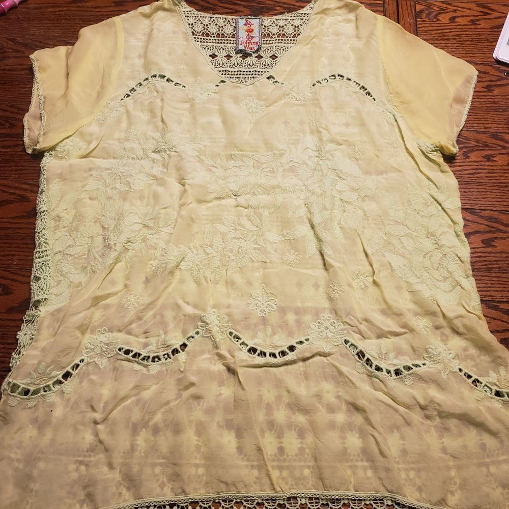Johnny Was lime green crochet cupra rayon blouse sz 1x